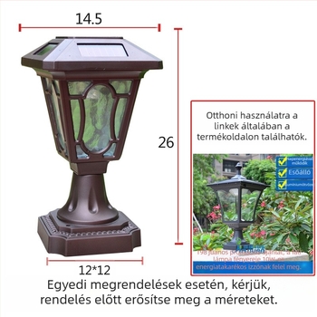Napelemes oszlopvilágítás kültéri, LED, IP55, Európai stílusú kert-udvar világítás, hosszú élettartam
