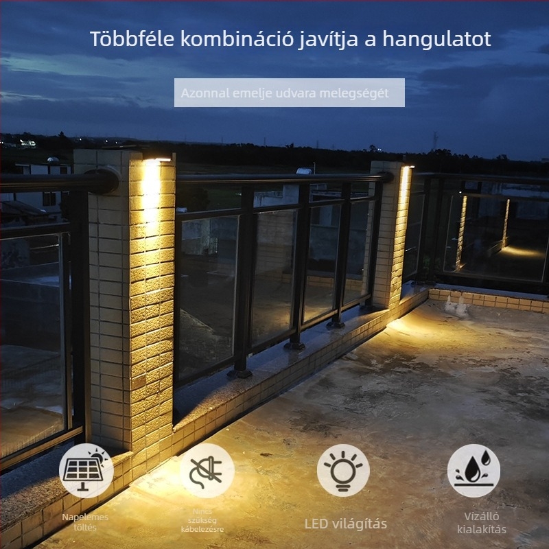 LED vízálló kerítéslámpa távirányítóval, IP65, napelemes kertfal világítás