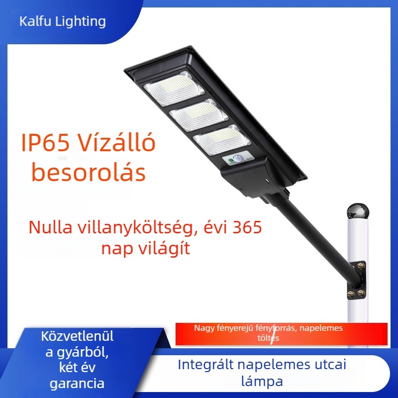 Beépített LED-s napeneres utcai lámpa kültéri kerthez, nagy fényerő, fényérzékelő és indukciós érzékelő, állítható teljesítmény 30–180W, IP65