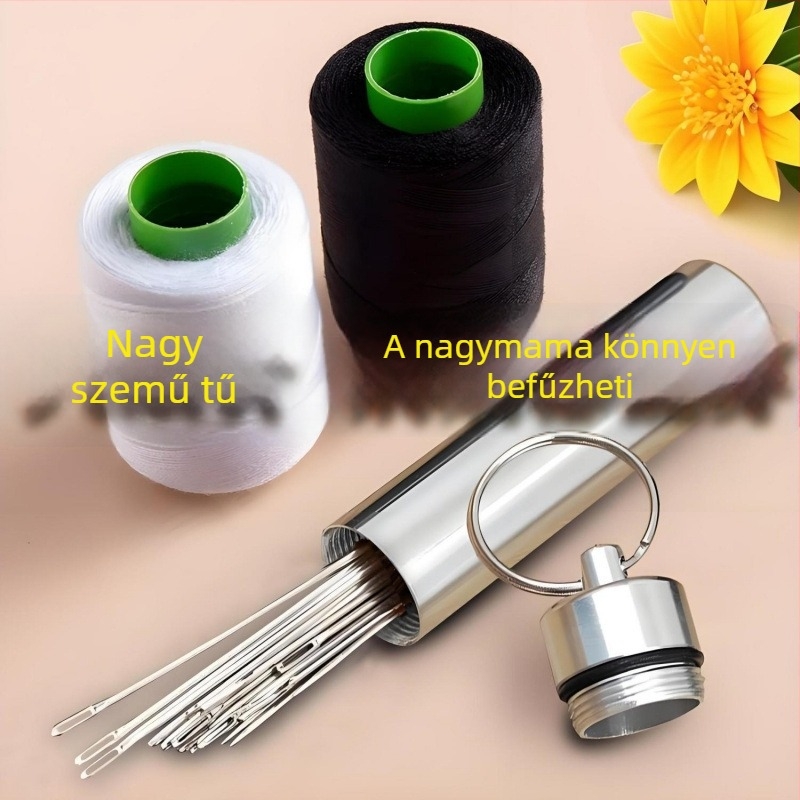 Tartós kézi varráshoz készlet fekete-fehér cérnával, nagy szemű és nagy lyukú tűkkel