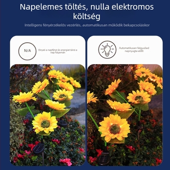 Napelemes kültéri kerti lámpa napraforgó formájú, ABS ház, IP65, modell HS05-1, 0,25 W, folyamatos világítás 6–12 óra, CE tanúsítvány