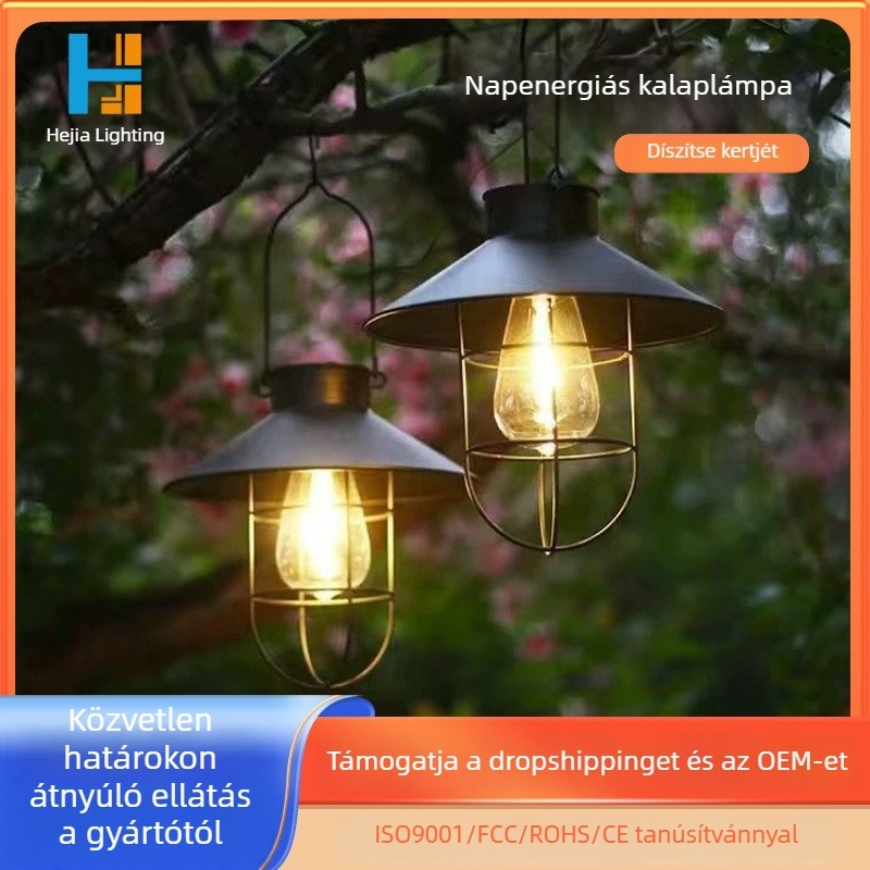 Napelemes kerti lámpa, függőlámpa retro stílusban – kempingezéshez, erkélyhez és kerthez, hangulatos dekoratív világítás.