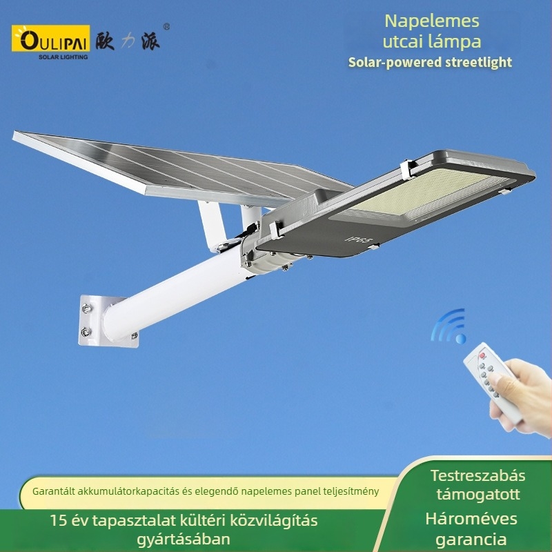 Napelemes utcai világítótest kültéri használatra, nagy teljesítményű LED 5730/2835, IP65, LiFePO4 3,2V akkumulátor, intelligens vezérlés távirányítóval és időzítővel