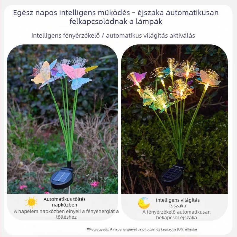 Napelemes optikai szálas pillangó lámpa kültéren, vízálló gyep- és udvarlámpa