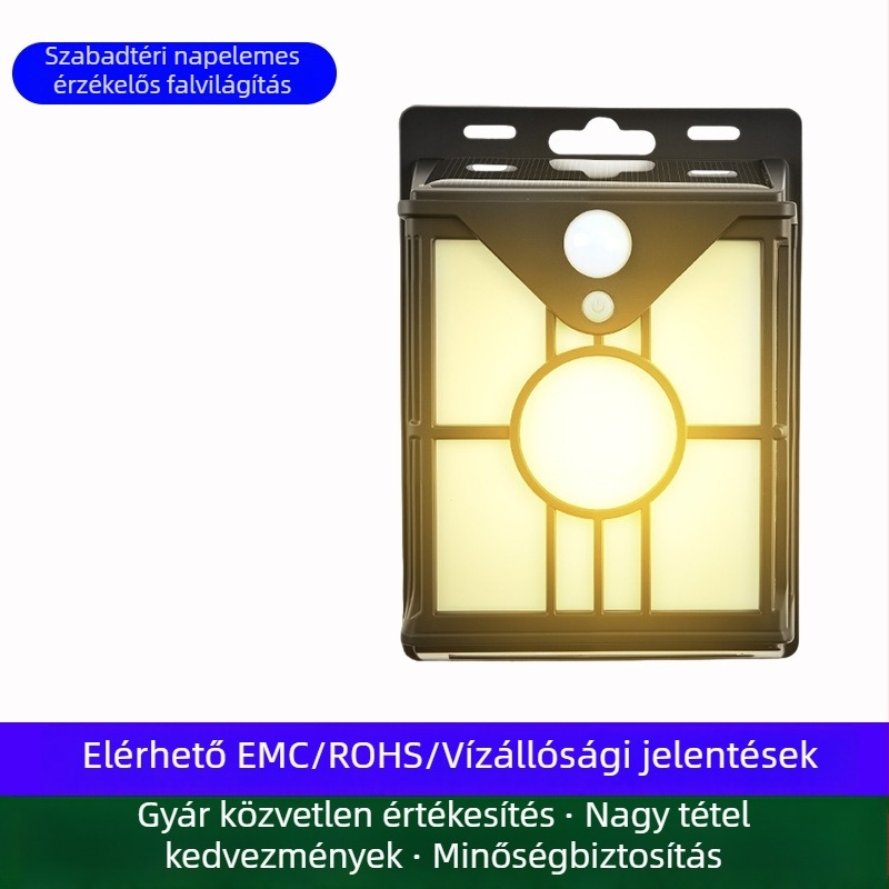Napelemes kültéri falikar mozgásérzékelővel, kerthez és udvarhoz, meleg fény, 5W, IP65, 220V, üzemidő 16–24 óra
