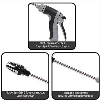 Teleszkópos vízpisztoly autómosáshoz és kertben öntözéshez; fém fúvóka; konstrukció fém+ABS; műanyag fogantyú; sugárzás 5–10 m