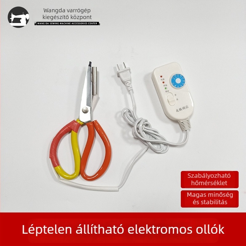 Hőmérséklet-szabályozható elektromos olló, szalagok, cipzárak és elasztikus pántok vágására; 150 W, maximális vágási kapacitás 10, feszültség 50–250 V.
