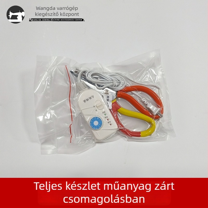 Hőmérséklet-szabályozható elektromos olló, szalagok, cipzárak és elasztikus pántok vágására; 150 W, maximális vágási kapacitás 10, feszültség 50–250 V.