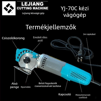 Yuejiang YJ-70C elektromos körkés vágó gép, kézi kivitel, 220V, ruházathoz