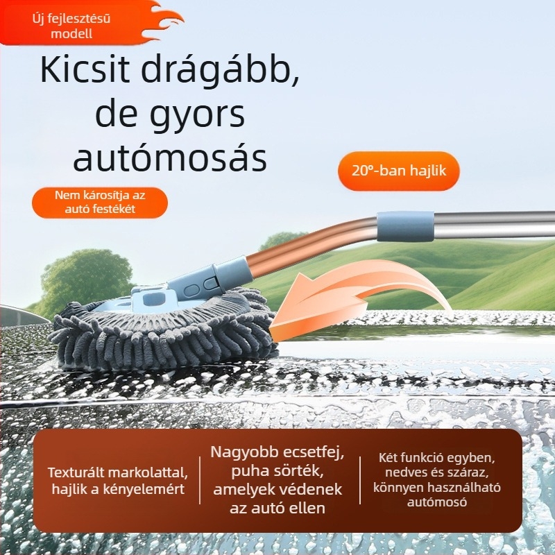 Autómosó mop görbített rúddal, puha sörték, karcolásmentes felület; anyag: alumínium ötvözet + chenille velúr; Honggao