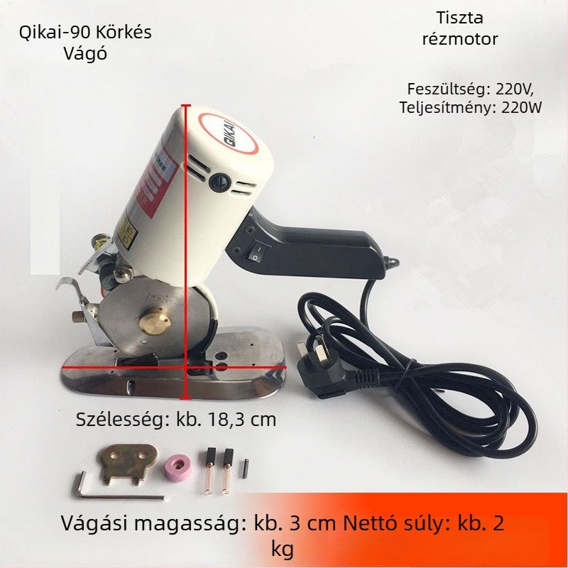 Textilvágó elektromos olló – Qikai, 220V, kézzel vezetve, körkés pengével, maximális vágóerő 30