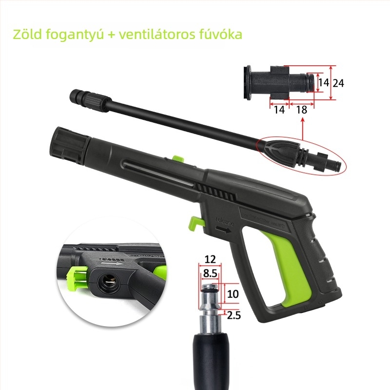 Magasnyomású vízpisztoly fúvóka autómosáshoz — fej műanyag, markolat műanyag, súly 1, kompatibil a Greenfield Yili 5 sorozattal.