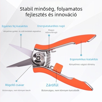 Metszőolló kertészeti rozsdamentes acélból — penge hossza 42 mm; teljes hossz 150 mm; metszési átmérő 30 mm; markolat: cink ötvözet + TPR