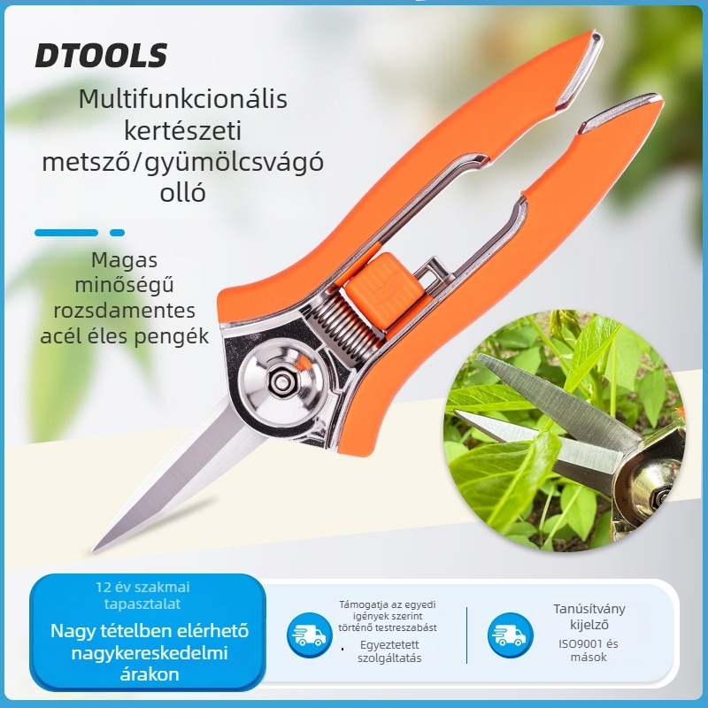 Metszőolló kertészeti rozsdamentes acélból — penge hossza 42 mm; teljes hossz 150 mm; metszési átmérő 30 mm; markolat: cink ötvözet + TPR