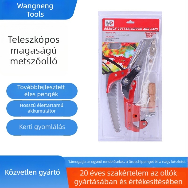 Teleszkópos metszőolló fűrésszel, hosszú elérési távolság a magas ágakhoz és gyümölcs szedő készülék