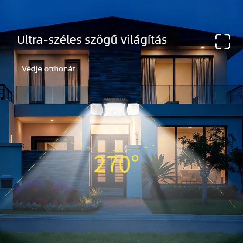 Napelemes fali lámpa háromfejű forgó kivitel, kültéri vízálló útvilágítás mozgásérzékelővel, kertlámpa