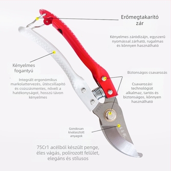 Rozsdamentes acélból készült metszőolló, madárcsőr formájú design, TPR fogantyúk, finom polírozás, modell 168A