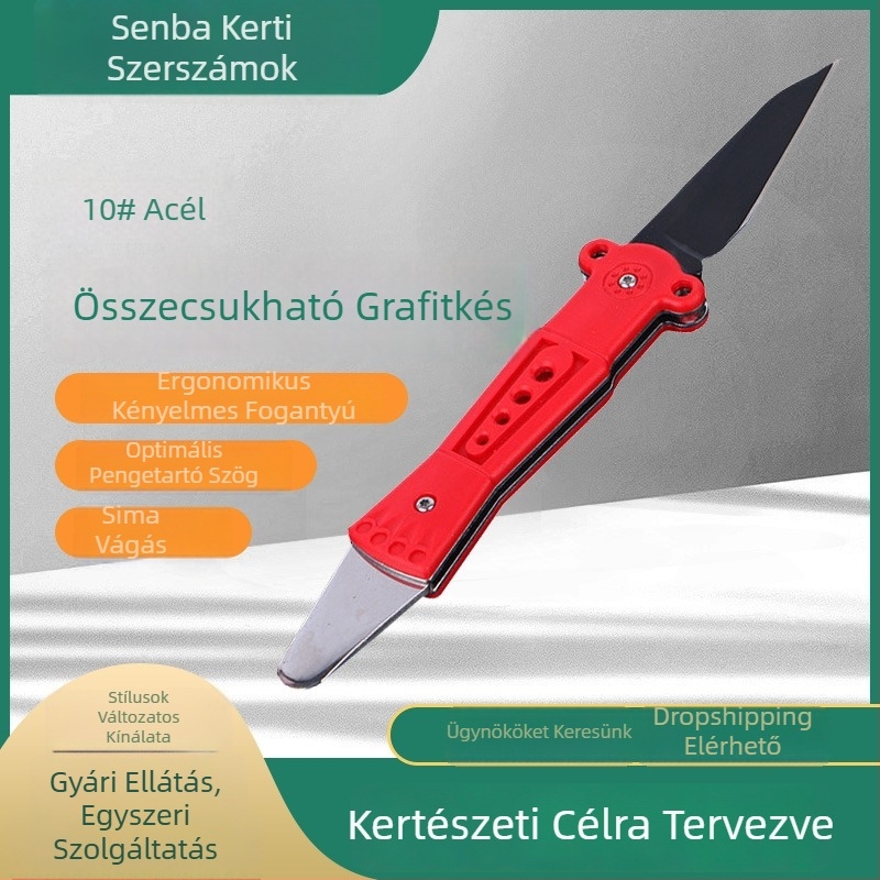 Hajtogatható oltókés vastag ágakhoz, gyümölcsfák hajtásaihoz és bimbóoltáshoz, rozsdamentes acél, többfunkciós oltókés