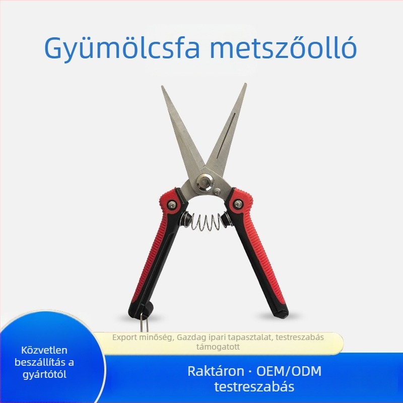 Rozsdamentes acélból készült hegyes végű metszőolló gyümölcsfák és ágak metszéséhez