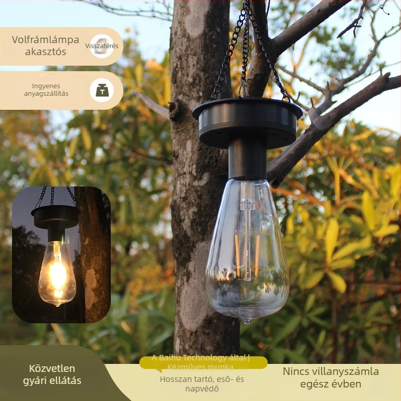 Napelemes lampion - retro wolfram szálas éjszakai világítás, függő kert- és kempinglámpa, IP44, 0.5W, 1.2V, 12–16h