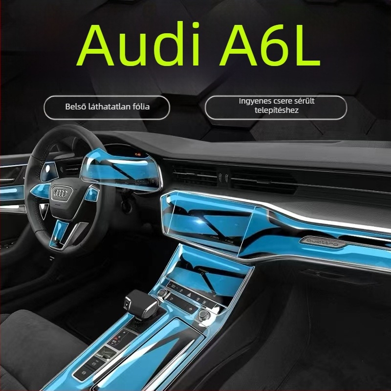 Audi A6L (19–24) számára tervezett átlátszó TPU védőfilm a műszerfal kijelzőjére és a hátsó középkonzol területére — ujjlenyomat- és zsírtaszító