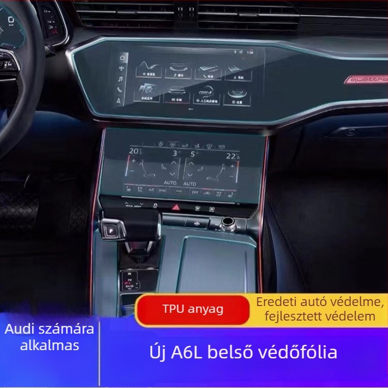 Audi A6L (19–24) számára tervezett átlátszó TPU védőfilm a műszerfal kijelzőjére és a hátsó középkonzol területére — ujjlenyomat- és zsírtaszító