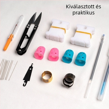 Hímzőeszközök készlet ujjvédővel, vízeltávolító tollal, kézi varrótűvel és kis fonalollóval