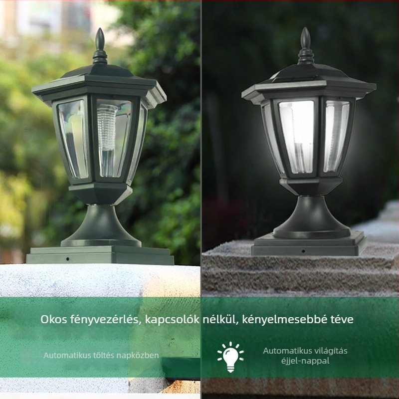 Napelemes oszloplámpa kültéri használatra, IP44, LED patch, 2W, 3.2V, modell LPL237, világítási idő 6–12 óra