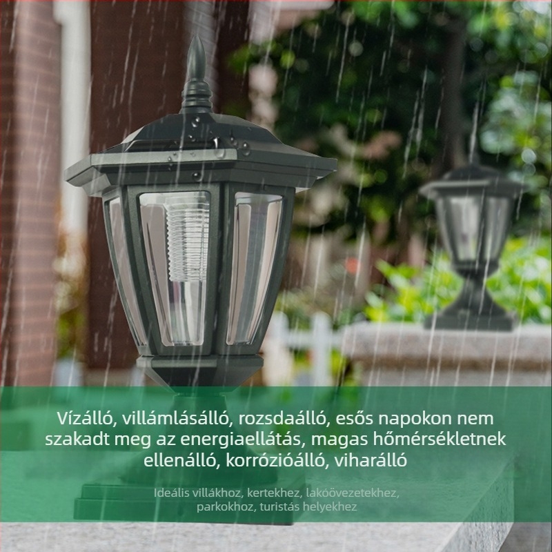 Napelemes oszloplámpa kültéri használatra, IP44, LED patch, 2W, 3.2V, modell LPL237, világítási idő 6–12 óra