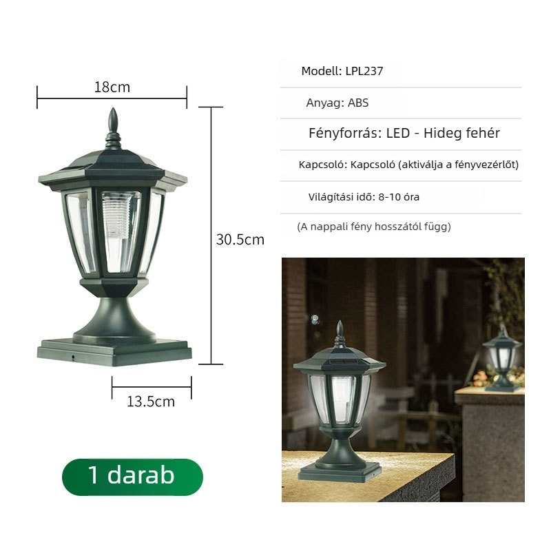Napelemes oszloplámpa kültéri használatra, IP44, LED patch, 2W, 3.2V, modell LPL237, világítási idő 6–12 óra