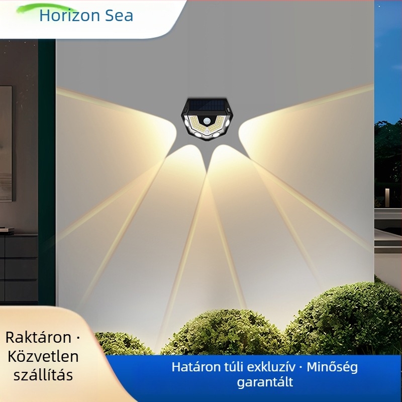 Napelemes kültéri falikar mozgásérzékelővel, dekoratív falmegvilágítás konvex lencsével, infravörös