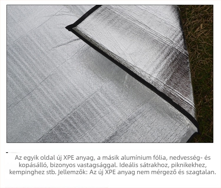 Kültéri, kétoldalas alumíniumfóliás nedvességvédő matrac, kempingezéshez, 2–3 fő, FD-002 modell, 220 g, hőszigetelő és fényvisszaverő