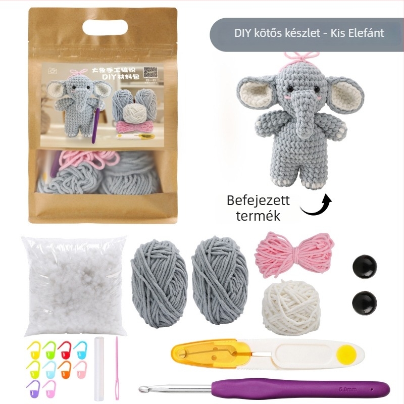 Gyapjú anyagcsomag DIY horgoláshoz – kezdőknek elefánt baba készlet; 50 db dobozban, bruttó súly 0,1 kg, stílus: egyszerű, gyapjú