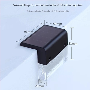 Napelemes kültéri falikar, IP65, LED, 1–2W, 6–12 óra, induktív kapcsoló