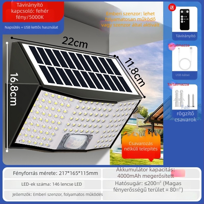 Napelemes kültéri kerti világítás mozgásérzékelővel, IP66 vízálló, 5000 lm, 6000K, LED falikar 100-300W