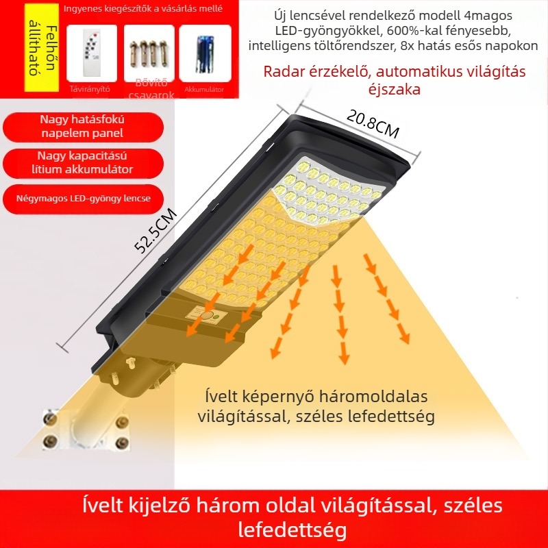 Új napelemes utcai lámpa lencsével, négy-diódás LED modul, mérnöki megvilágítás, udvari napelemes lámpa lítium akkumulátorral