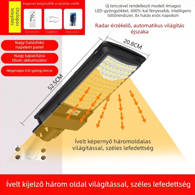 Új napelemes utcai lámpa lencsével, négy-diódás LED modul, mérnöki megvilágítás, udvari napelemes lámpa lítium akkumulátorral