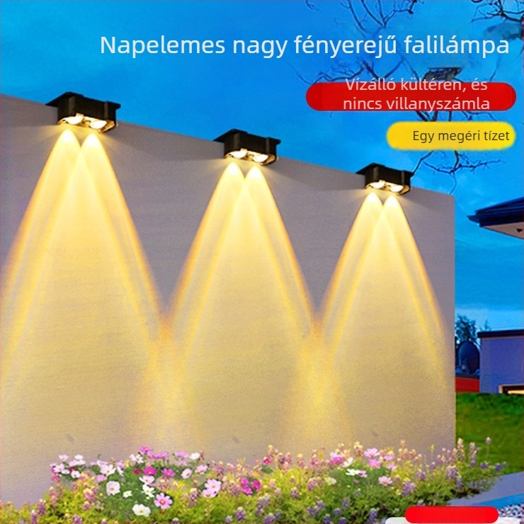 Napelemes kültéri falikar — falmosó spotlámpa kerthez, IP65, 4000–6000K, ≤36V, 6–12 óra folyamatos világítás, posztmodern stílus