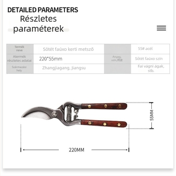 Ágvágó olló mahagóni nyéllel, ágak és virágok metszéséhez, háztartási kertészkedéshez