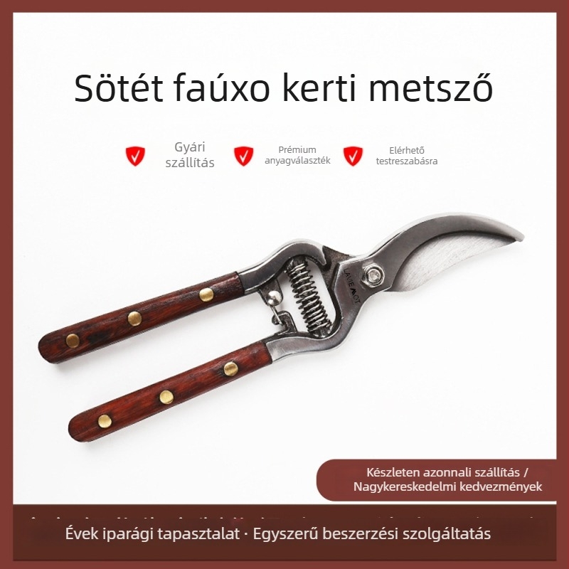 Ágvágó olló mahagóni nyéllel, ágak és virágok metszéséhez, háztartási kertészkedéshez
