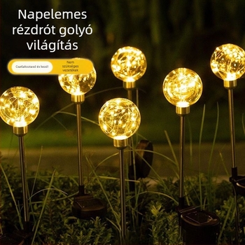Napelemes kültéri vízálló gyeplámpa csillag-golyó alakú földbe szúrható talppal, IP65, 0,5W LED, réz test