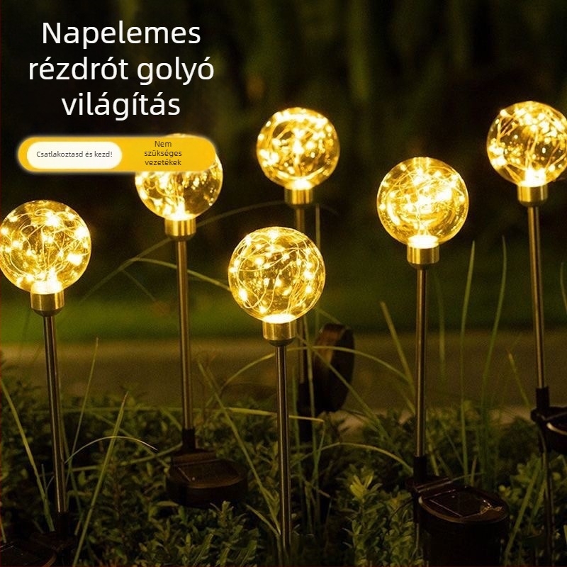 Napelemes kültéri vízálló gyeplámpa csillag-golyó alakú földbe szúrható talppal, IP65, 0,5W LED, réz test