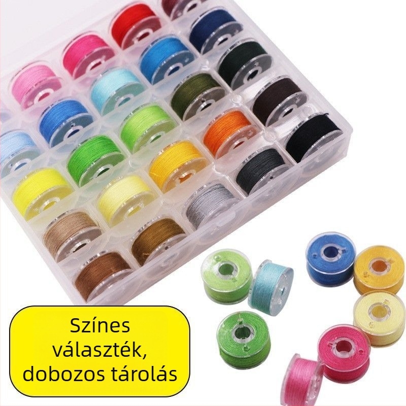 Varrógéphez való fonal, lila színű háztartási varrófonal, több színű kis tekercsek, lapos varrógéphez való fonal, hagyományos orsó tárolás.