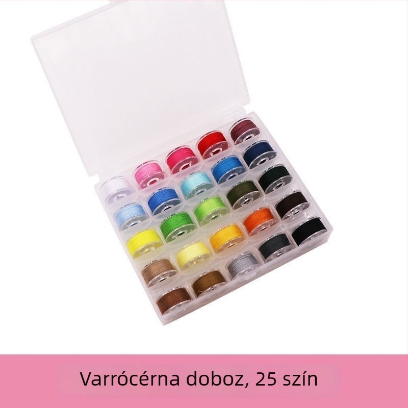 Varrógéphez való fonal, lila színű háztartási varrófonal, több színű kis tekercsek, lapos varrógéphez való fonal, hagyományos orsó tárolás.