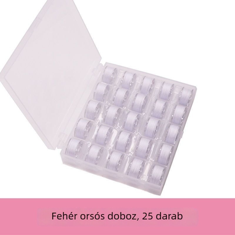 Varrógéphez való fonal, lila színű háztartási varrófonal, több színű kis tekercsek, lapos varrógéphez való fonal, hagyományos orsó tárolás.