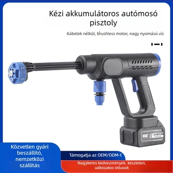 Vezeték nélküli magasnyomású autómosó pisztoly, kézi kivitel, újratölthető lítiumakkumulátor, brushless motor, 21 V, 30 bar, 20000 rpm