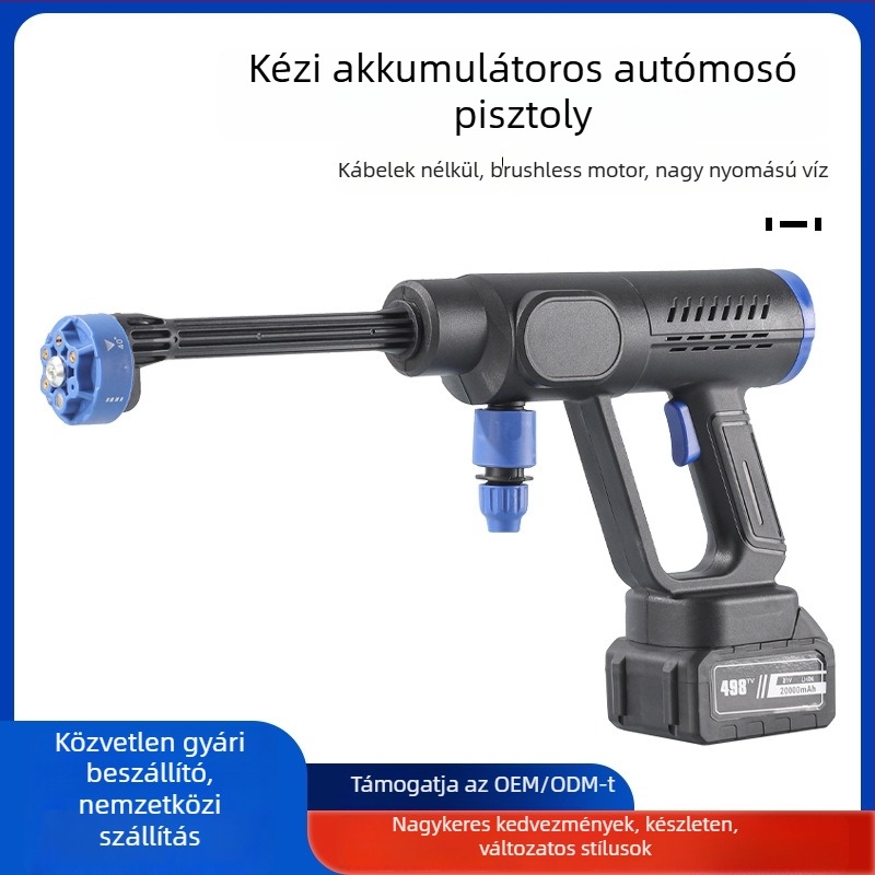 Vezeték nélküli magasnyomású autómosó pisztoly, kézi kivitel, újratölthető lítiumakkumulátor, brushless motor, 21 V, 30 bar, 20000 rpm