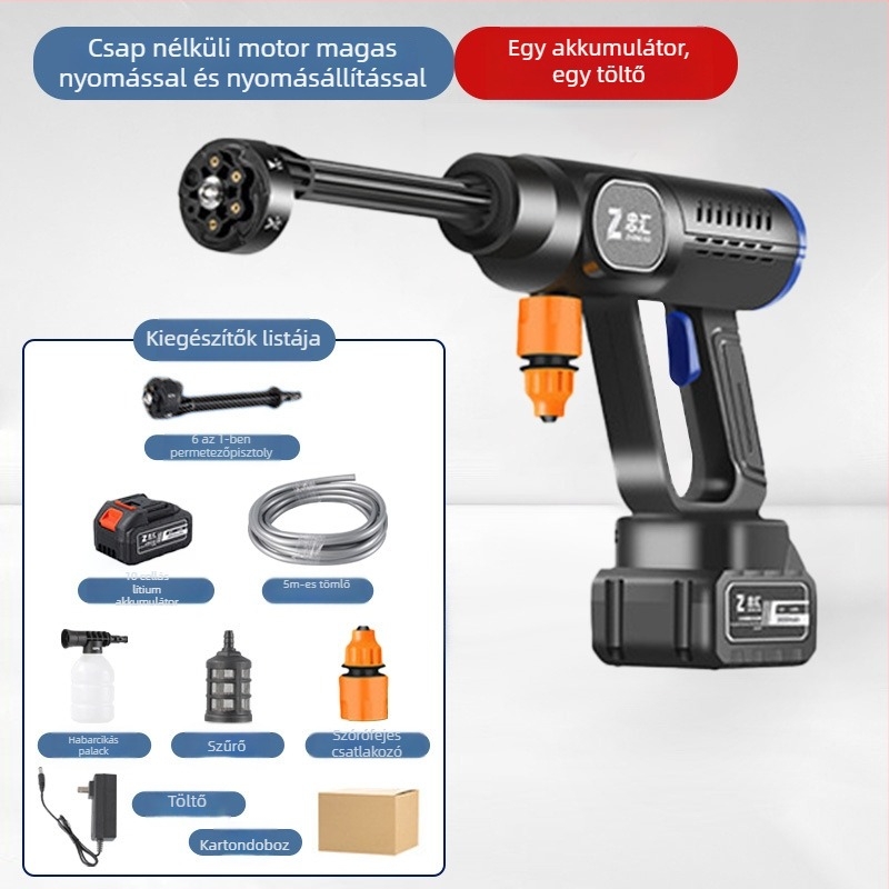 Vezeték nélküli magasnyomású autómosó pisztoly, kézi kivitel, újratölthető lítiumakkumulátor, brushless motor, 21 V, 30 bar, 20000 rpm