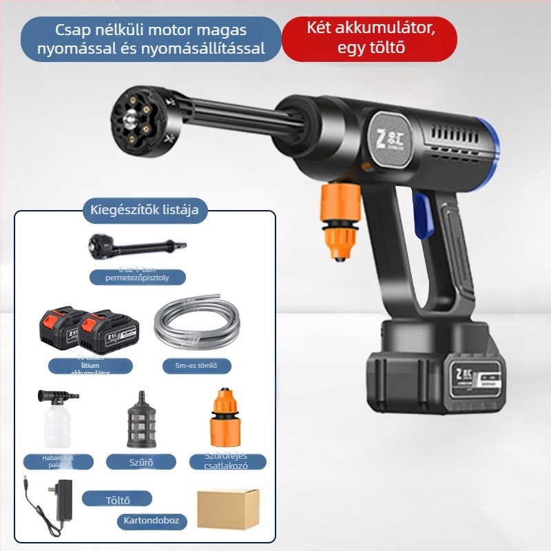 Vezeték nélküli magasnyomású autómosó pisztoly, kézi kivitel, újratölthető lítiumakkumulátor, brushless motor, 21 V, 30 bar, 20000 rpm