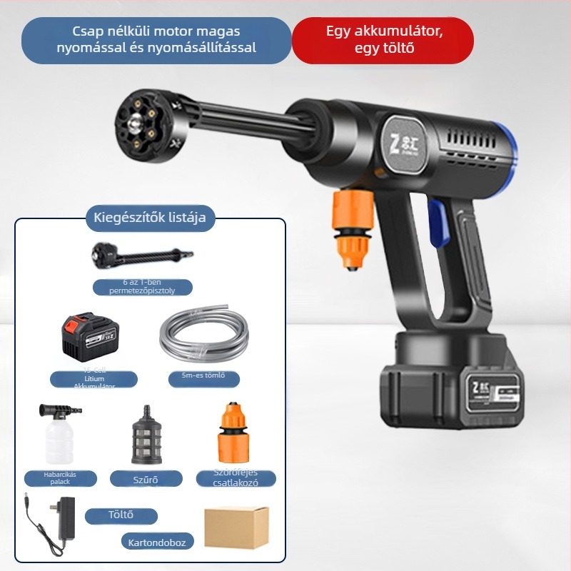 Vezeték nélküli magasnyomású autómosó pisztoly, kézi kivitel, újratölthető lítiumakkumulátor, brushless motor, 21 V, 30 bar, 20000 rpm